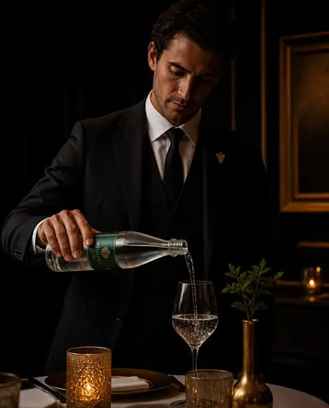 Served first, before the wine, because the water sets the standard.